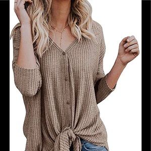 Chvity Womens Waffle Knit Tunic Blouse Tie Knot